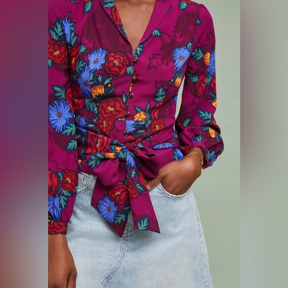 Floral Button Wrap Tie Shirt Blouse - Picture 4 of 4